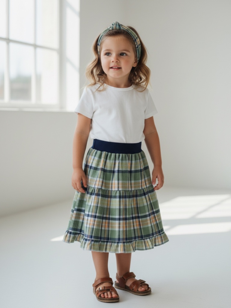 Skirt Girls 3/4 Midi Green Plaid Ruffle Tiered Western Cotton Mom And Pop's Kids